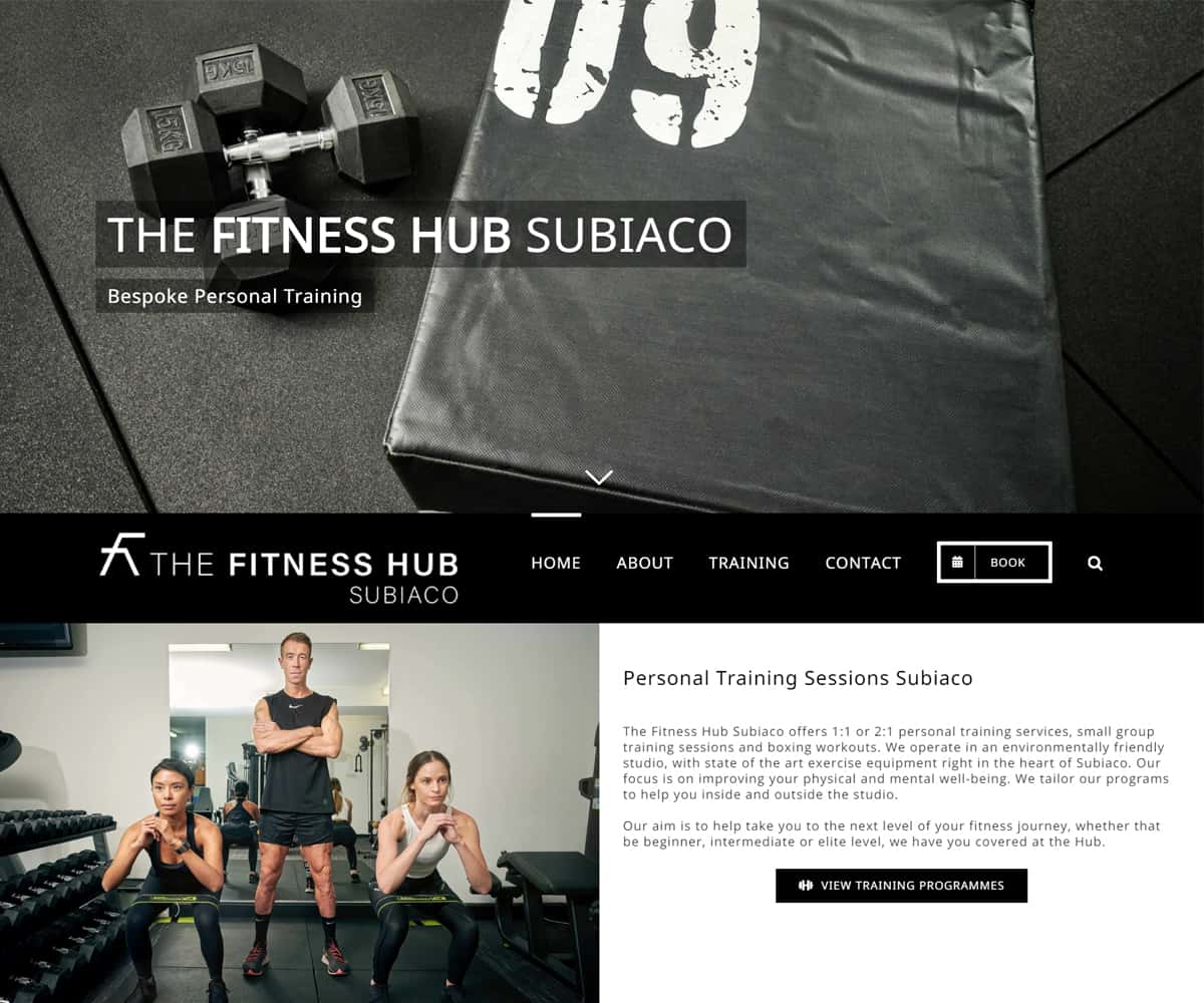 The webpage for The Fitness Hub Subiaco featuring a black and white design